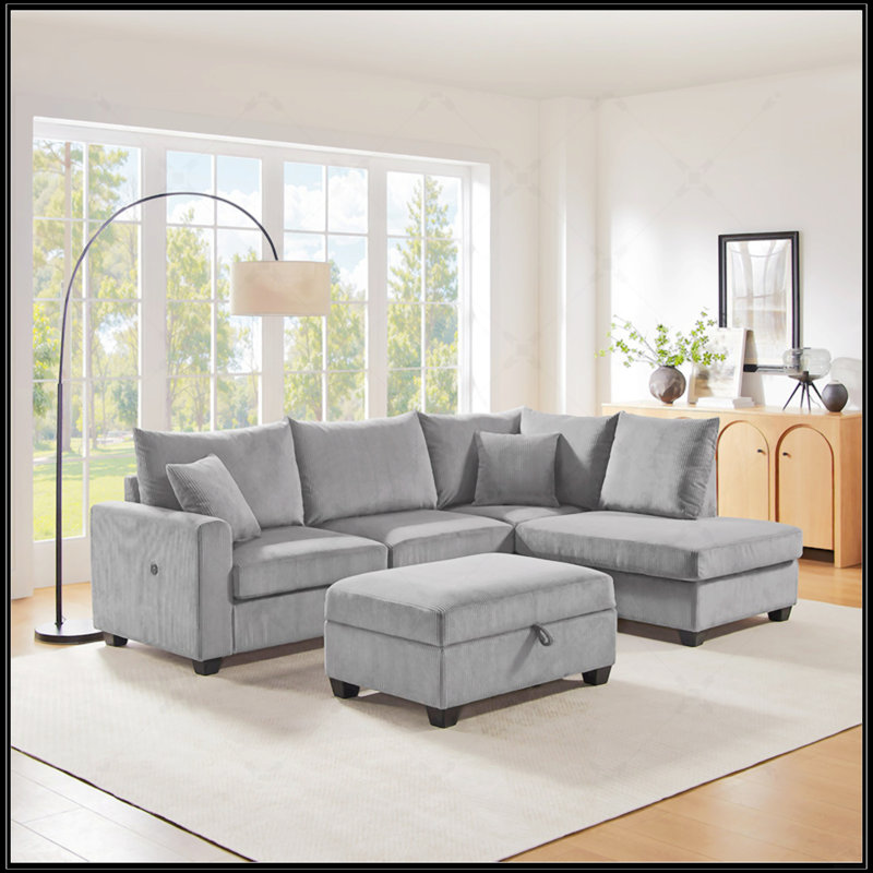 Canapé modulaire en velours côtelé gris foncé de 107 po Romano avec méridienne orientée vers la droite, charge USB et USB-C, repose-pieds avec rangement et coussins