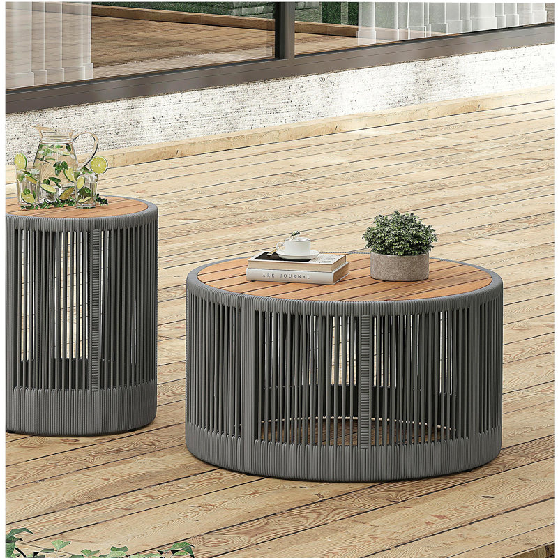 Ensemble de table industrielle rustique, table basse et table d'appoint avec design en corde tissée, ensemble de table moderne et fonctionnel pour le salon et la maison - gris corde