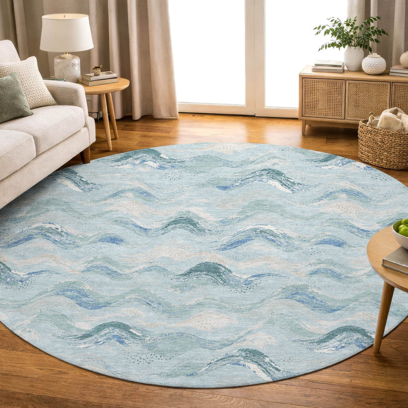 Tapis Ceajay ACN3093 Waves, lavable à la machine, pour intérieur et extérieur, Ciel, 8 pi x 8 pi