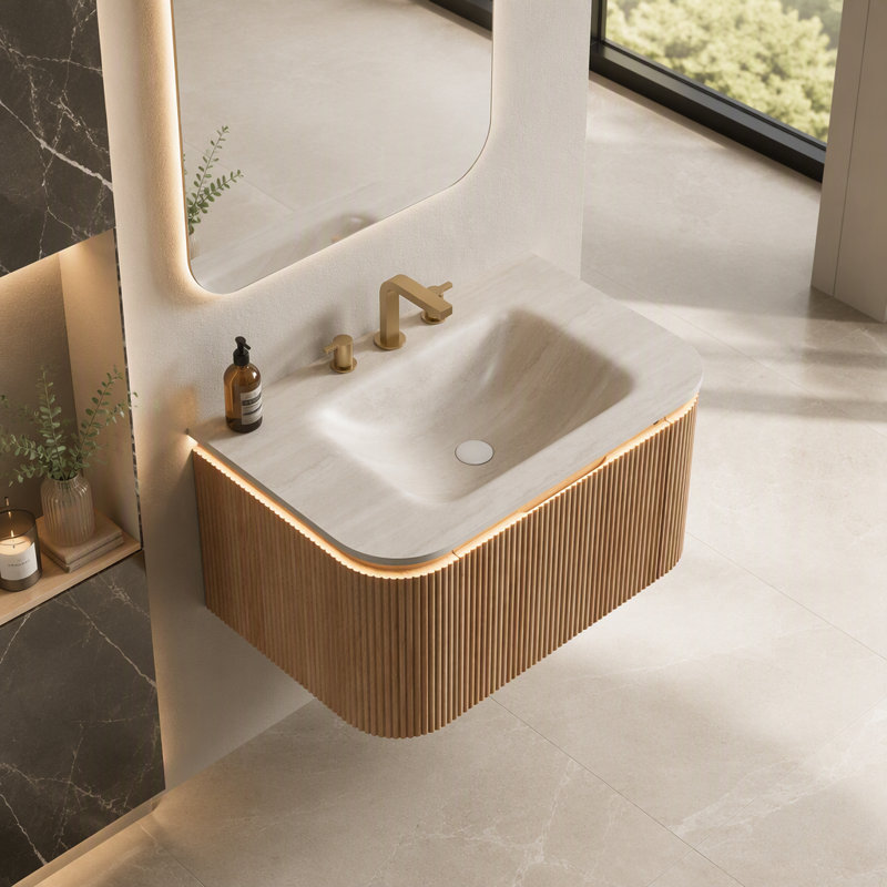 Meuble-lavabo de 76 cm avec lavabo intégré, bord incurvé et tiroir, éclairage à détecteur de mouvement, lavabo intégré en pierre frittée cintré à chaud, préassemblé, couleur bois naturel.
