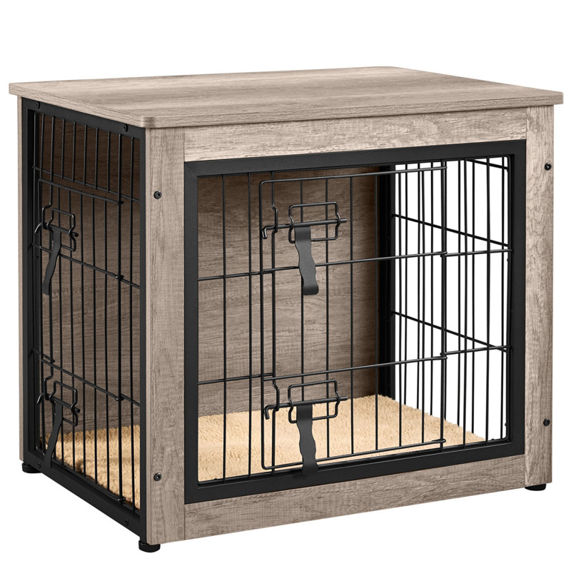 Dog Crate Furniture with 2 Doors, 61cm H x 69cm W x 51cm D, Grey/Black