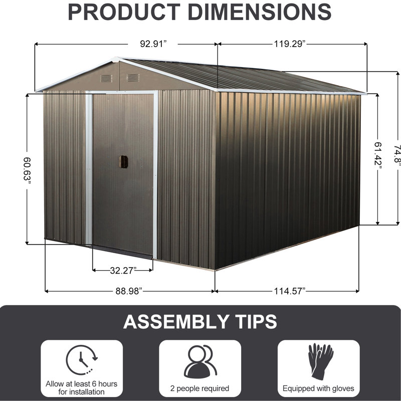 Outdoor Metal Storage Shed 8X10ft Gray - Galvanized Steel Build, , With Padlock And Anchor Hook Shelf Lock Gloves Sliding Door 8X10ft, Panels, To Harsh Weather, Easy Install