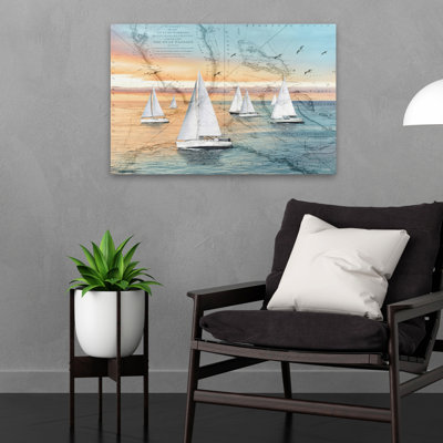 Voile sur le passage du Golfe - voiliers côtiers sur carte nautique, impression de carte rétro, voiliers, art