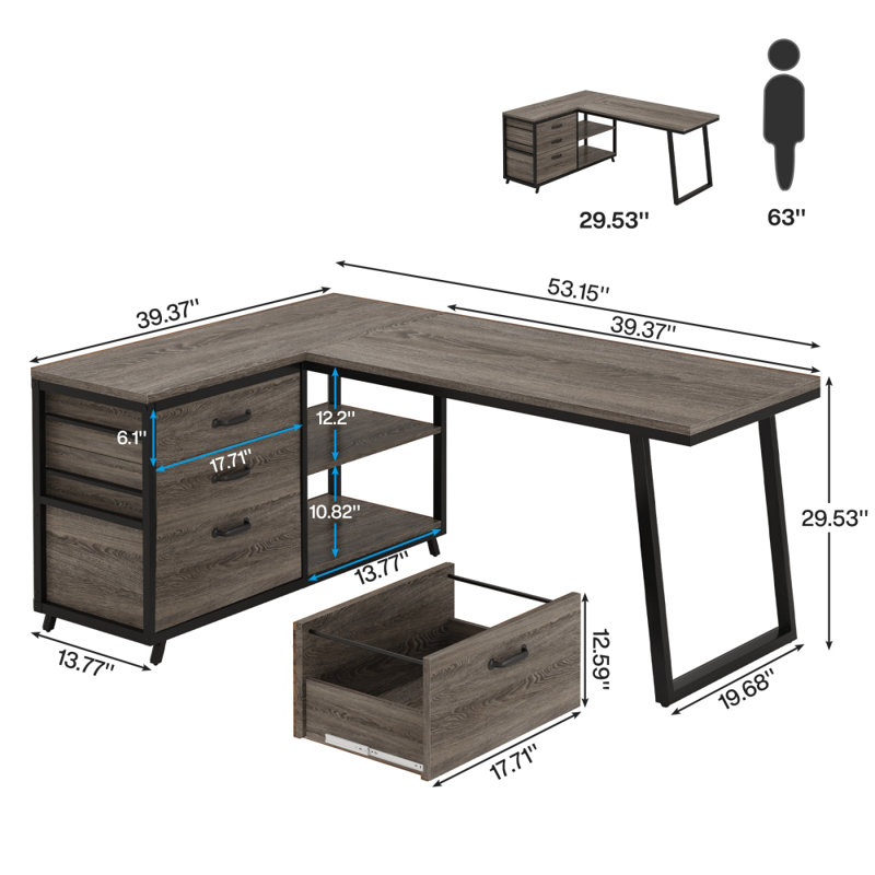 L-Shaped Metal Base Computer Desk, Grey/Black