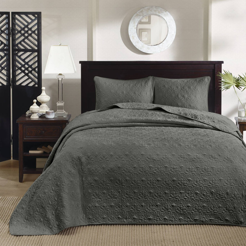 Ensemble de couvre-lit réversible Québec, Couvre-lit double et 2 taies décoratives standard, Gris foncé