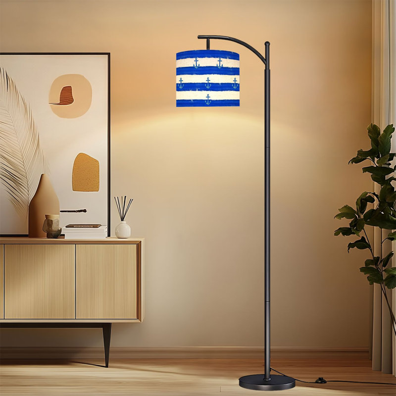 Arc Floor Lamp with Adjustable Lampshade Nautical Blue Anchor White Striped Sailor Coastal Standing Lamp 3 Color Temperatures Dimmable Tall Pole Lamp with Foot Switch for Bedroom