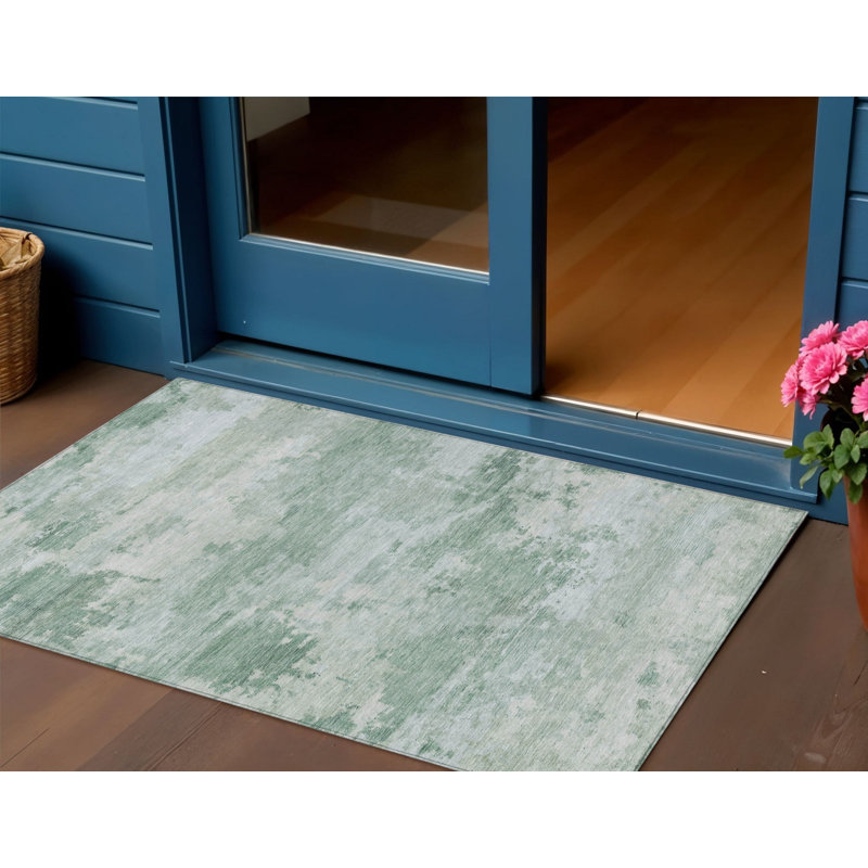 3' X 5' Mint Green And Pale Aqua Abstract Washable Indoor Outdoor Area Rug