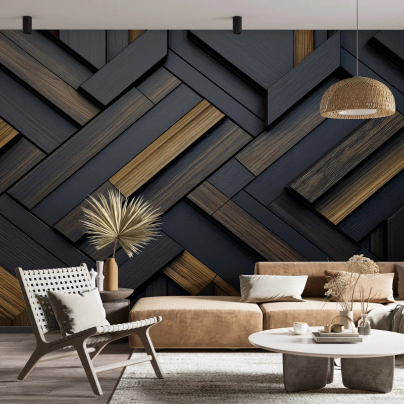Modern Dark Wood Geometric Wall Mural, 3D Herringbone Pattern Panel Wallpaper, Luxury Contemporary Abstract Accent Wall Decor