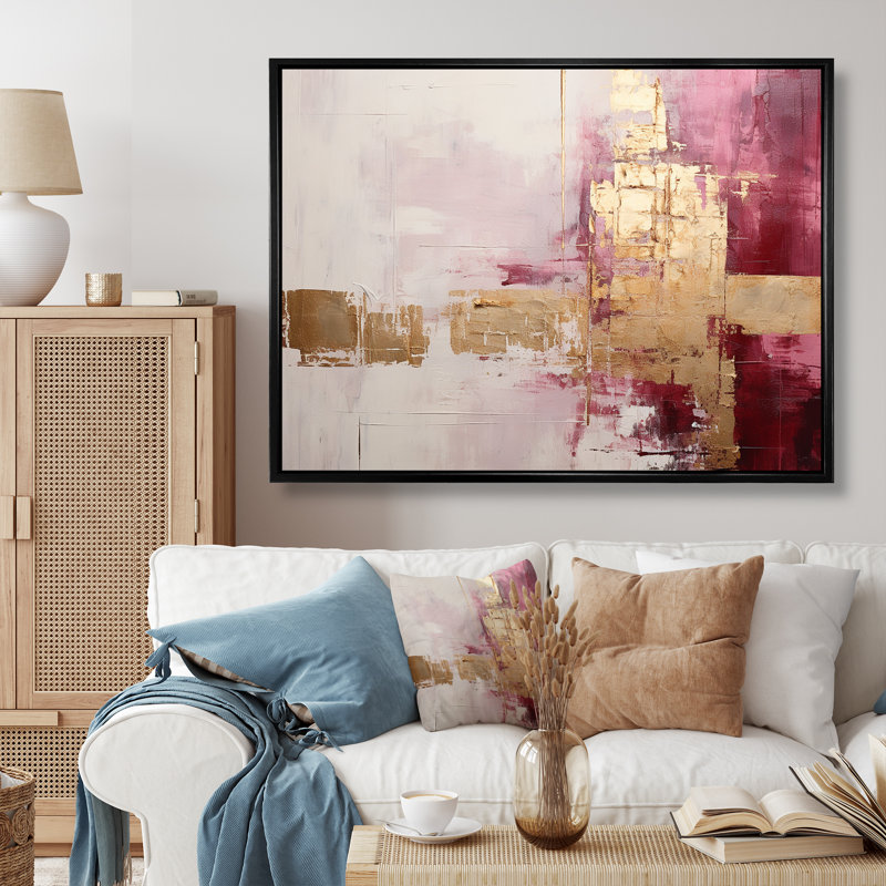 Minimalisme, horizon rose et doré - peinture abstraite, art mural, H 24 po x l 32 po x P 1 po, Cadre flottant noir