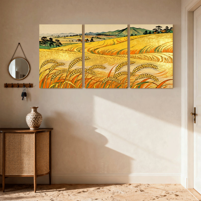 «Golden Wheat Field Landscape», ensemble de 3 reproductions d'art sur toile, H 18 po x l 36 po