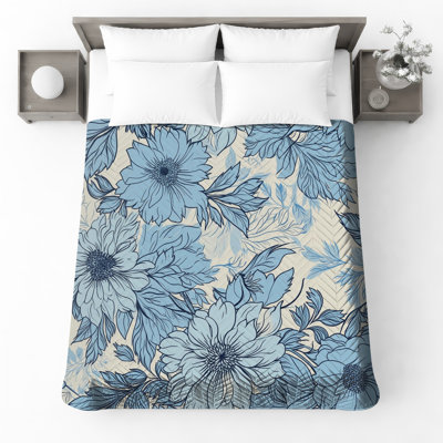 Couvre-lit matelassé bleu à motif floral toutes tailles