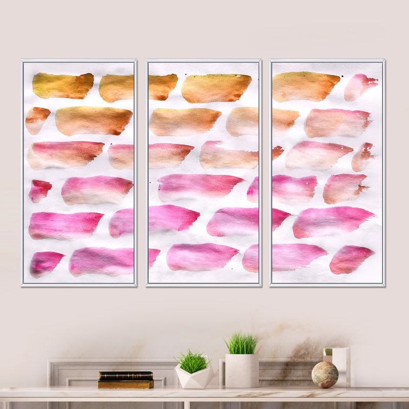 «Pink and Dark Yellow Abstracts Brushes», peinture sur toile 3 pièces, H 32 po x l 48 po x P 1 po, Blanc