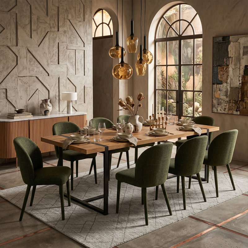 Modern 9-Piece Dining Table Set For 8 With Upholstered Chairs,Rectangular Kitchen & Dining Room Set, Green