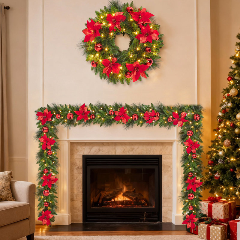 Christmas Wreath & Garland Set – Artificial Pine Needles, Red Flowers, Pinecones & Frosted Sections – Battery Operated – Holiday Decor for Front Door, Mantle – Indoor/Outdoor  9FT