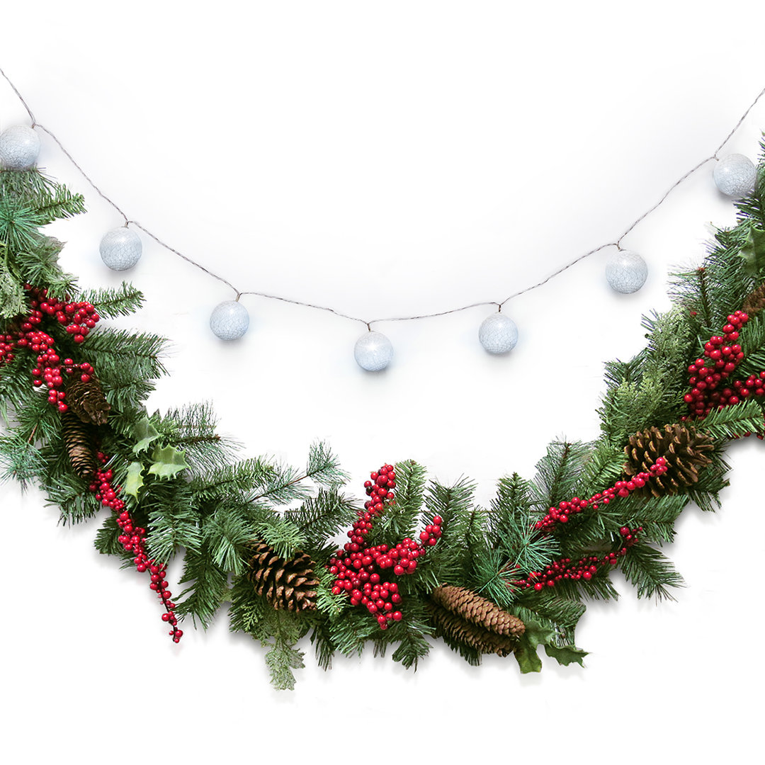 72" Artificial Mixed Berry Pine Cone Christmas Garland with Woven Globe String Light Set The Holiday Aisle®