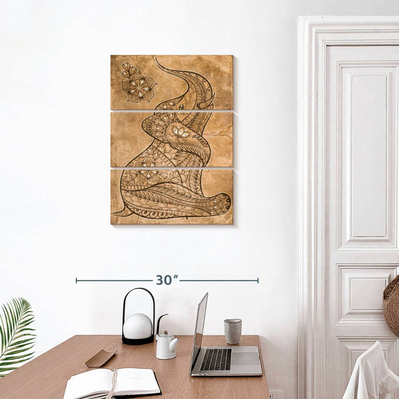 «Elephant Boho Vintage Elephant on Canvas», reproduction de 3 pièces, H 32 po x l 20 po x P 1 po