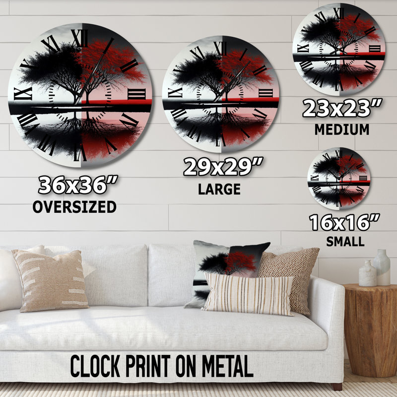 Horloge murale rouge et noire avec arbres abstraits au bord du lac, Grand