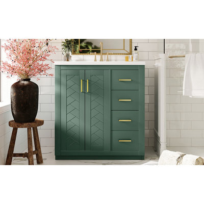 Meuble-lavabo de style rétro de 30 po avec cadre en bois massif, portes, glissière à tiroir lisse, planches, grand rangement pour articles de toilette et plus encore