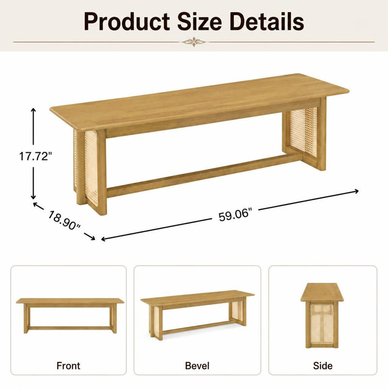 Banc de salle à manger polyvalent avec cadre en bois massif robuste et décoration décorative tissée pour 2 personnes