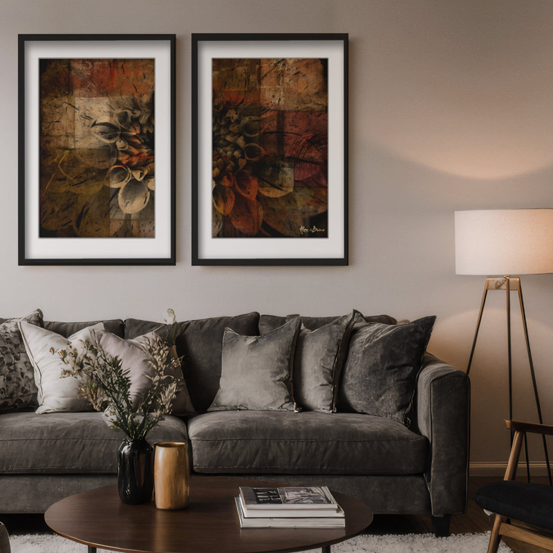 «Daisy», ensemble de 2 reproductions sur toiles, H 14 po x l 20 po, Impression encadrée avec passe-partout, Noir