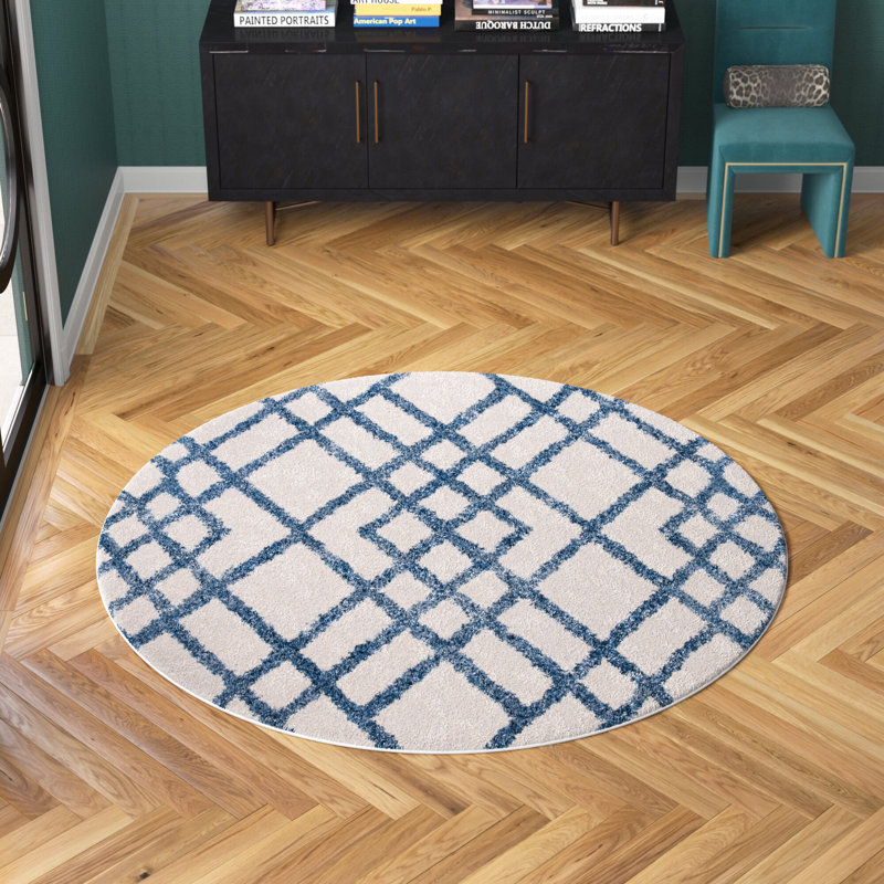 Rivka Geometric Ivory/Blue Area Rug, Runner 2' x 4'