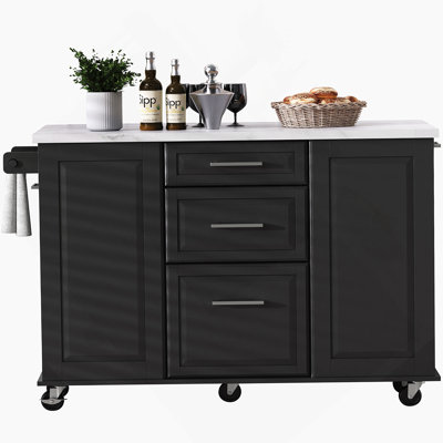 Îlot de cuisine 50,7 po avec rangement pour armoire à ordures basculante et organisateur d'armoire escamotable, îlot de cuisine sur roulettes sur 5 roulettes avec abattant, 2 tiroirs, 1 porte pour la cuisine, salle à manger, noir