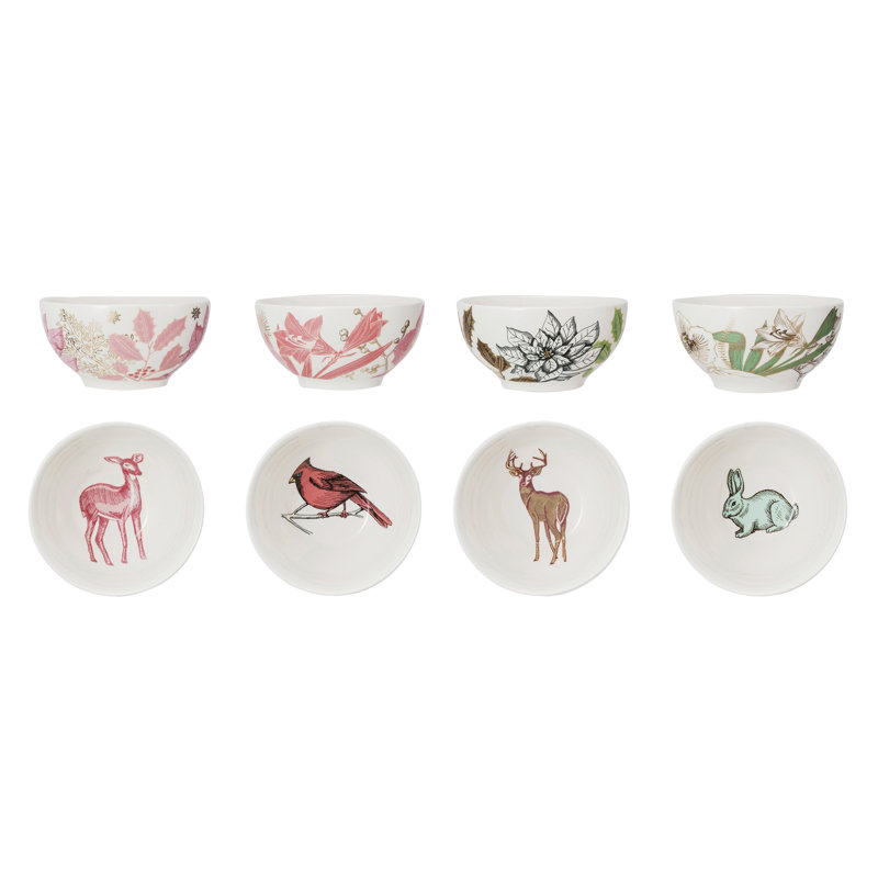 Stoneware Bowl Set With Flora/Fauna Pattern And Electroplating