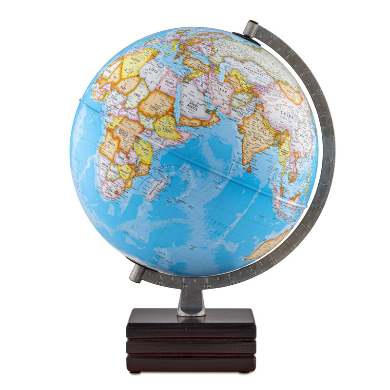 Globe terrestre bleu de bureau 12 po avec éclairage DEL Aviator, base en bois, méridien en métal