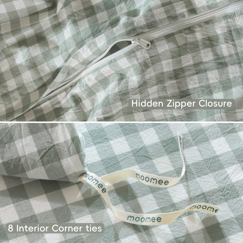 Ensemble de housse de couette 100% coton lavé MooMee Gingham, Vert sauge, Housse de couette double + 2 taies d'oreiller stan