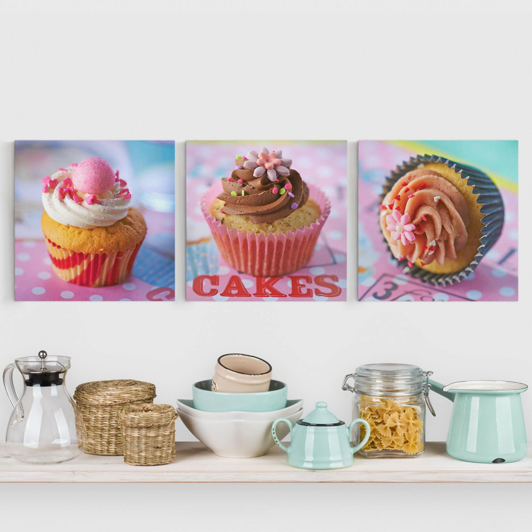 3-tlg. Gerahmtes Leinwandbilder-Set Colourful Cupcakes