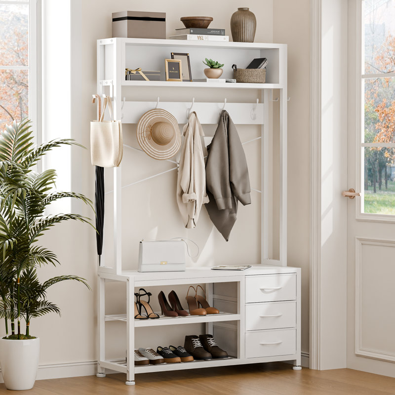 White Industrial Hall Tree with Bench, Hooks, and Storage Drawers