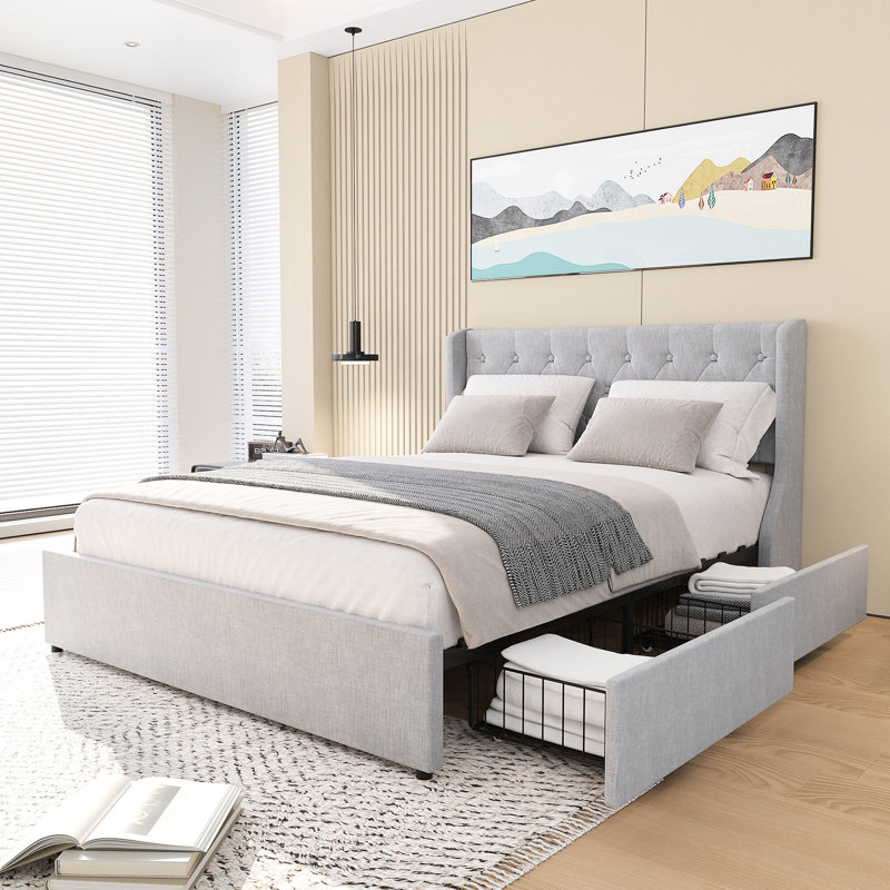Grand lit plateforme avec rangement à 4 tiroirs et tête de lit à oreilles chic, tiroirs gris contemporain