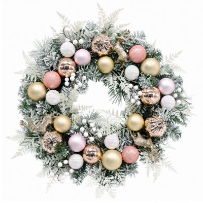 Couronne de Noël rose de 61 cm avec 20 lumières DEL et rennes, 8 modes et minuterie pour la décoration de porte d'entrée pendant les fêtes d'hiver