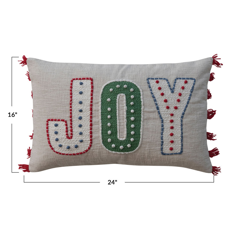 Embroidered Cotton Lumbar Pillow with Multicolor Fringe