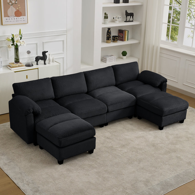 Canapé modulaire 6 places avec 2 repose-pieds, Chenille noir