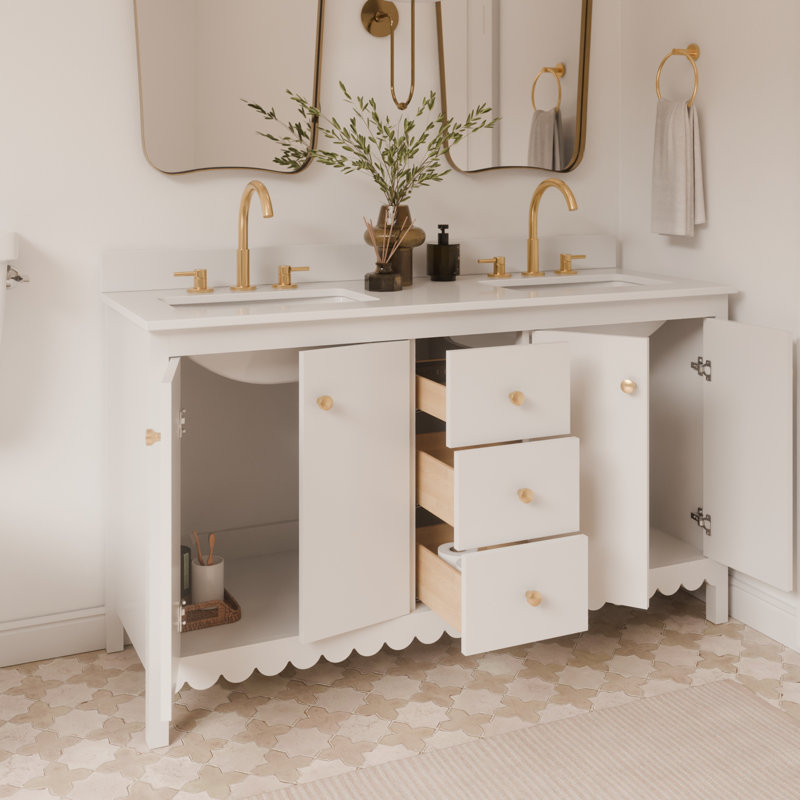 Meuble-lavabo à double cuve festonné 60 po - blanc - avec plateau - boutons dorés, Gris/doré