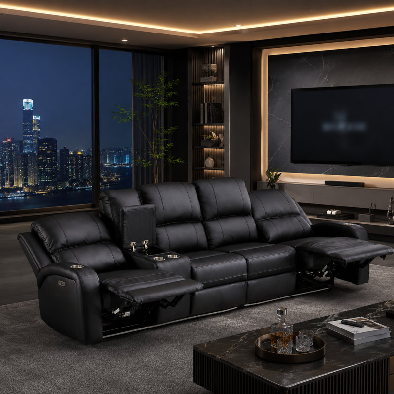 Vardie 115.8" Wide Breathable Leather Power Reclining Sectional Sofa, 4-Seater Sectional Couch with LED, Storage & Cup Holder