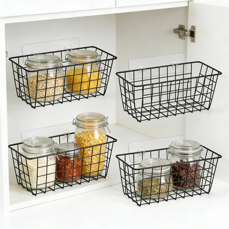 Heavy Duty Adhesive Wall Baskets, 4 Pack No Drill Hanging Storage Organizer With Upgraded Super-Sized Adhesive Strips For Kitchen, Bathroom, Pantry And Cabinet Door