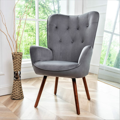 Mid-Century Modern Wingback Accent Chair, Button-Tufted Polyester Fabric Armchair with Solid Wood Splayed Legs for Living Room Bedroom Home Office