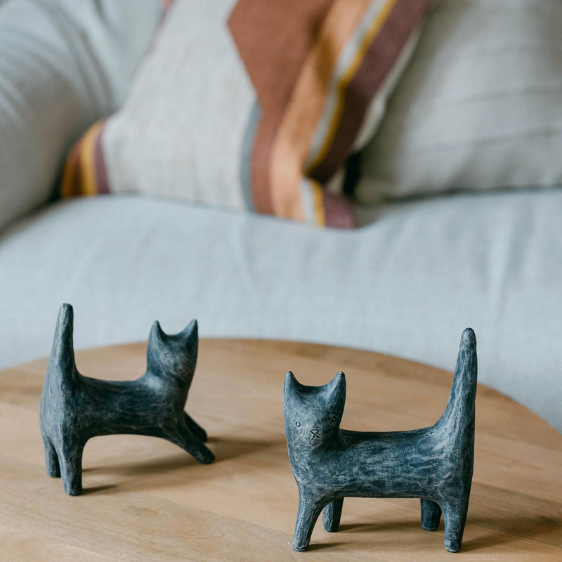Primitve Look Gray Stretching Ceramic Cat Figurine
