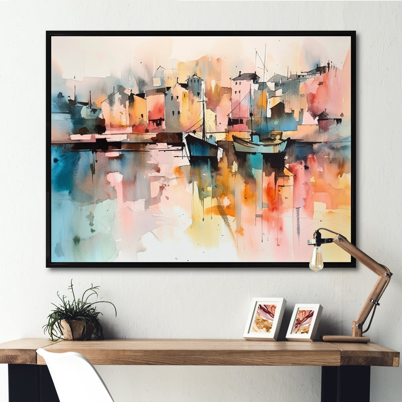 «Orange and Yellow Harbor Reflections», reproduction sur toile encadrée, Noir, H 12 po x l 20 po x P 1 po
