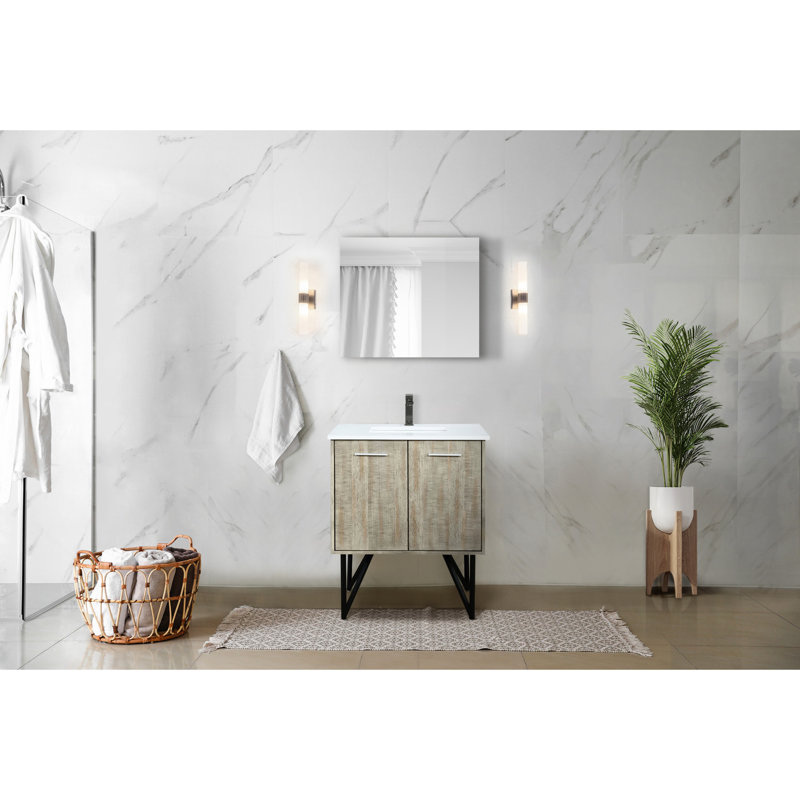 Rustique 30 po Meuble-lavabo large avec comptoir en quartz blanc, robinet en métal, miroir 28 po et comptoir avec robinet Perfidious