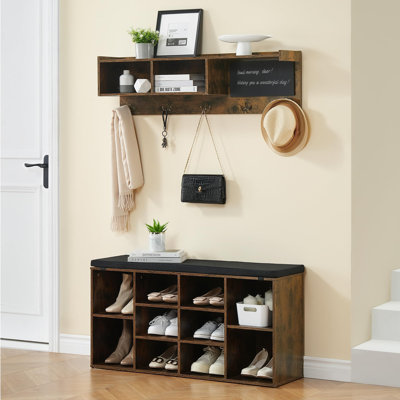 41 Inch Hall Tree, Wall Mounted Coat Rack Shoe Bench Set With 5 Hooks, Industrial Entrance Organizer Coat Rack