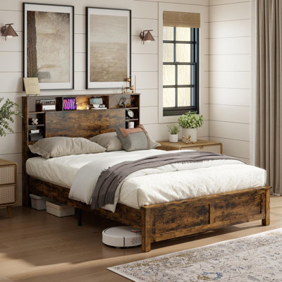 Full Size Bed Frame with Headboard & Charging Station & LED Light, Wood Platform Bed with Storage Bookcase, No Box Spring Needed