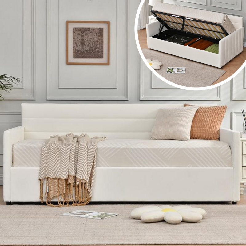 Hydraulic Lift Up Upholstered Storage Cream Daybed, Cream