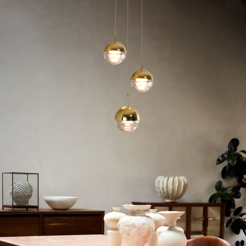 Luminaire suspendu en forme de sphère en cristal 3 lumières à intensité variable en titane doré pour îlot de cuisine