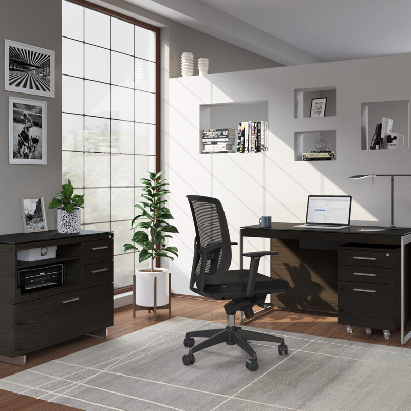 Sequel 20 3 - Drawer Filing Credenza, Charcoal Stained Ash/Satin Nickel