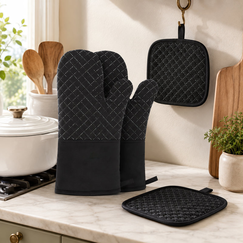 4-Piece Oven Mitt & Pot Holder Set, Black, Silicone Grip
