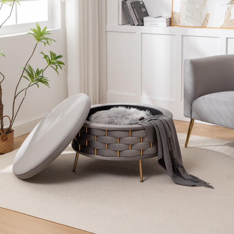 Cristen Upholstered Round Storage Ottoman, Gray
