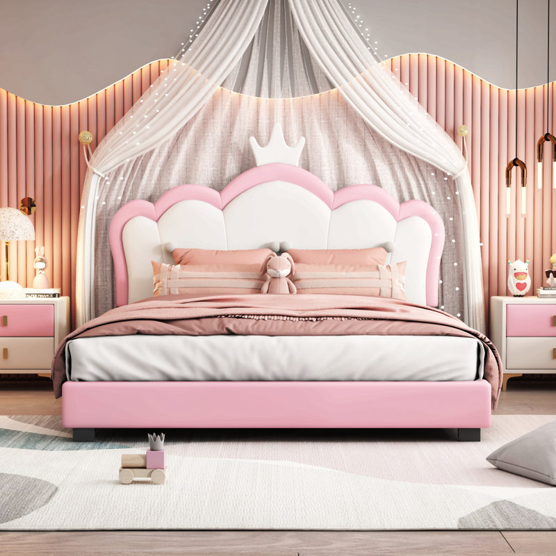 Lit princesse rembourré avec tête de lit couronne, lit plateforme avec tête de lit et pied de lit, Lit double, Rose